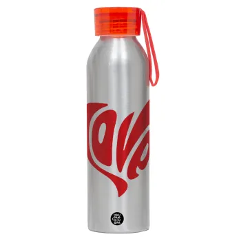 Love, Αλουμινένιο Αθλητικό Μπουκάλι 650ml – Ασημί με Κόκκινο Καπάκι και Λουράκι Σιλικόνης