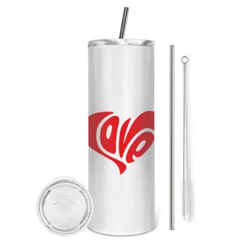 Love, Tumbler ποτήρι θερμό από ανοξείδωτο ατσάλι 600ml, με μεταλλικό καλαμάκι & βούρτσα καθαρισμού