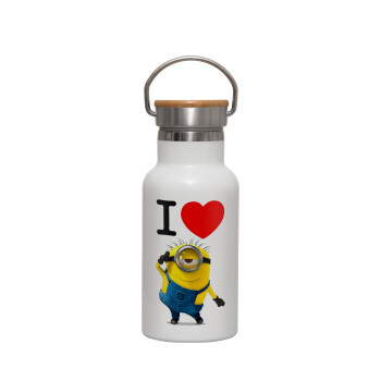 I love by minion, Metallic thermos (Stainless steel) White with wooden lid (bamboo), double-walled, 350ml