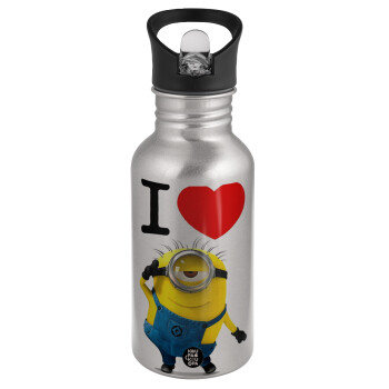I love by minion, Water bottle Silver with straw, stainless steel 500ml