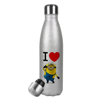 I love by minion, Μεταλλικό παγούρι θερμός Glitter Aσημένιο (Stainless steel), διπλού τοιχώματος, 500ml