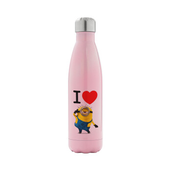 I love by minion, Metal mug thermos Pink Iridiscent (Stainless steel), double wall, 500ml