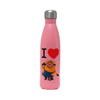 I love by minion, Metal mug thermos Pink Mat (Stainless steel), double wall, 500ml