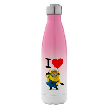 I love by minion, Μεταλλικό παγούρι θερμός Ροζ/Λευκό (Stainless steel), διπλού τοιχώματος, 500ml