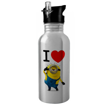 I love by minion, Water bottle Silver with straw, stainless steel 600ml