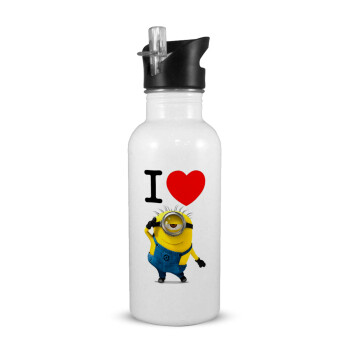 I love by minion, White water bottle with straw, stainless steel 600ml