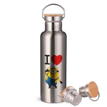 I love by minion, Stainless steel Silver with wooden lid (bamboo), double wall, 750ml