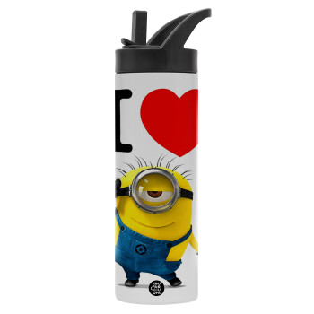 I love by minion, Metallic thermos bottle with straw & handle, stainless steel (Stainless steel 304), double-walled, 600ml.