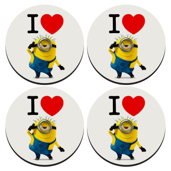 I love by minion, SET of 4 round wooden coasters (9cm)