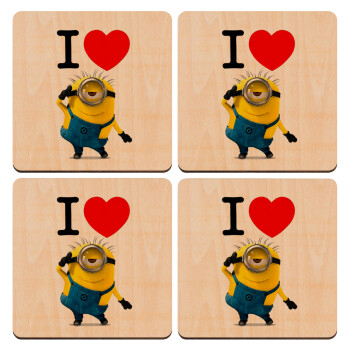 I love by minion, ΣΕΤ x4 Σουβέρ ξύλινα τετράγωνα plywood (9cm)