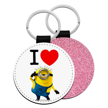 I love by minion, Μπρελόκ Δερματίνη, στρογγυλό ΡΟΖ (5cm)