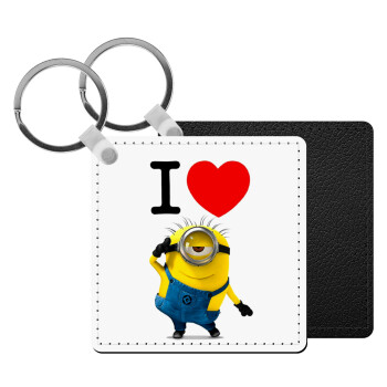 I love by minion, Μπρελόκ Δερματίνη, τετράγωνο ΜΑΥΡΟ (5x5cm)