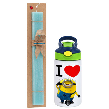 I love by minion, Easter Set, Children's thermal stainless steel bottle with safety straw, green/blue (350ml) & aromatic flat Easter candle (30cm) (TURQUOISE)