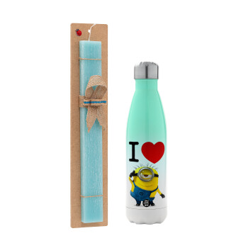 I love by minion, Easter Set, Metallic green/white thermos (Stainless steel), double-walled, 500ml & scented flat Easter candle (30cm) (TURQUOISE)