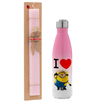 I love by minion, Easter Set, Metallic pink/white (Stainless steel) thermos, double-walled, 500ml & aromatic flat Easter candle (30cm) (PINK)