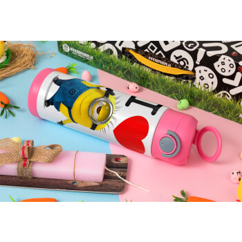 I love by minion, Πασχαλινή Λαμπάδα με Παιδικό παγούρι θερμό, ανοξείδωτο, με καλαμάκι ασφαλείας, ΡΟΖ (500ml)