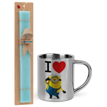 I love by minion, Πασχαλινή Λαμπάδα με μεταλλική κούπα θερμό (300ml) & κερί αρωματικό πλακέ (30cm) (ΤΙΡΚΟΥΑΖ)