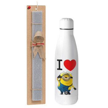I love by minion, Easter Set, metallic stainless thermos bottle (500ml) & scented flat Easter candle (30cm) (GRAY)