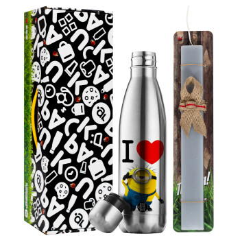 I love by minion, Easter Set, metallic stainless thermos flask (500ml) & scented flat Easter candle (30cm) (GRAY)