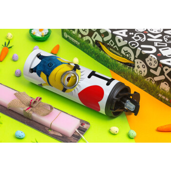 I love by minion, Easter candle,Travel Tumbler 2 Lids, with metal straw & cleaning brush & aromatic flat candle (30cm) (PINK)