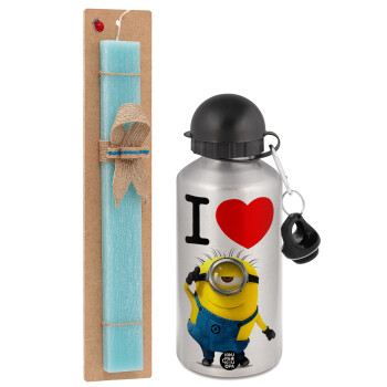 I love by minion, Easter Set, metallic silver aluminum water bottle (500ml) & scented flat Easter candle (30cm) (TURQUOISE)