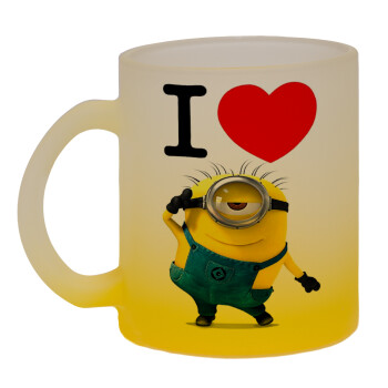I love by minion, Κούπα γυάλινη δίχρωμη με βάση το κίτρινο ματ, 330ml