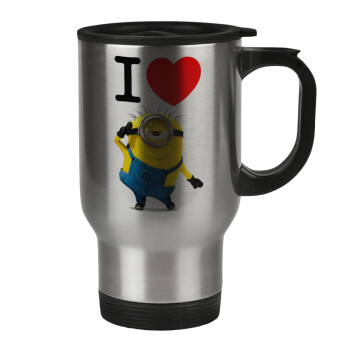 I love by minion, Stainless steel travel mug with lid, double wall 450ml