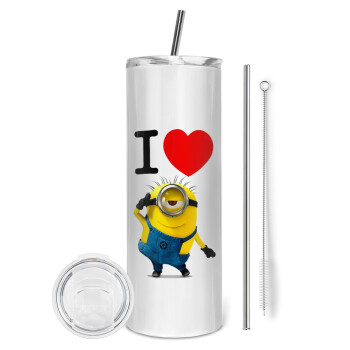 I love by minion, Eco friendly stainless steel tumbler 600ml, with metal straw & cleaning brush