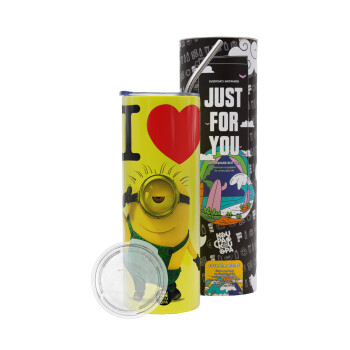 I love by minion, Neon Yellow Travel Tumbler, with metal straw (Stainless steel 304 Food grade, BPA free, 600ml)