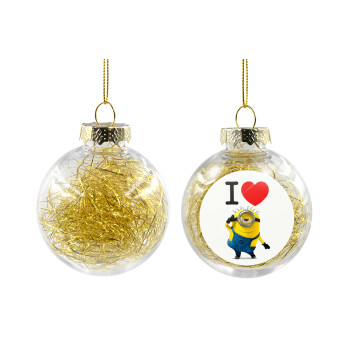 I love by minion, Transparent Christmas tree ball ornament with gold filling 8cm