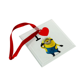 I love by minion, Στολίδι Χριστουγεννιάτικο στολίδι γυάλινο τετράγωνο 9x9cm