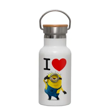 I love by minion, Metallic thermos (Stainless steel) White with wooden lid (bamboo), double-walled, 350ml