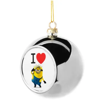 I love by minion, Στολίδι Χριστουγεννιάτικη μπάλα δένδρου Ασημένια 8cm