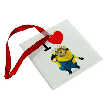 I love by minion, Christmas ornament, glass square ornament 9x9cm