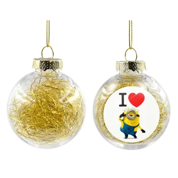 I love by minion, Transparent Christmas tree ball ornament with gold filling 8cm