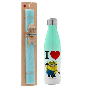 I love by minion, Easter Set, Metallic green/white thermos (Stainless steel), double-walled, 500ml & scented flat Easter candle (30cm) (TURQUOISE)