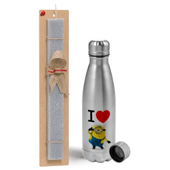 I love by minion, Πασχαλινή Λαμπάδα με μεταλλικό παγούρι Inox (750ml) & κερί αρωματικό πλακέ (30cm) (ΓΚΡΙ)