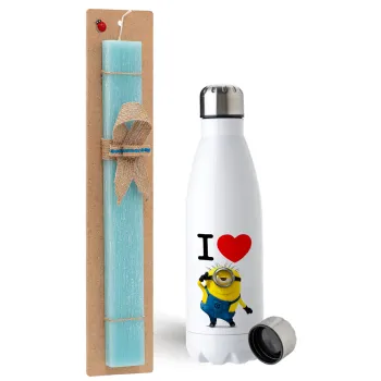 I love by minion, Easter Set, metallic stainless steel water bottle (750ml) & aromatic flat Easter candle (30cm) (TURQUOISE)
