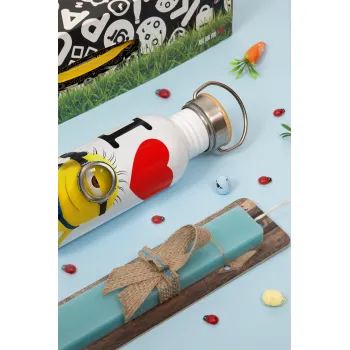 I love by minion, Πασχαλινή Λαμπάδα με παγούρι μεταλλικό Ασημένιο αλουμινίου (500ml) & κερί αρωματικό πλακέ (30cm) (ΤΙΡΚΟΥΑΖ)