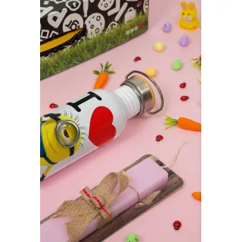 I love by minion, Πασχαλινή Λαμπάδα με παγούρι μεταλλικό (620ml, stainless steel) & κερί αρωματικό πλακέ (30cm) (ΡΟΖ)