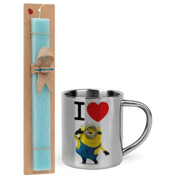 I love by minion, Πασχαλινή Λαμπάδα με μεταλλική κούπα θερμό (300ml) & κερί αρωματικό πλακέ (30cm) (ΤΙΡΚΟΥΑΖ)