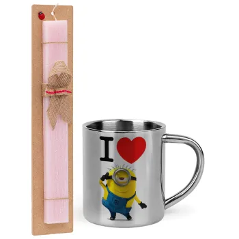 I love by minion, Easter Set, metallic thermal cup (300ml) & aromatic flat Easter candle (30cm) (PINK)