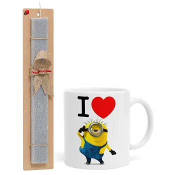 I love by minion, Πασχαλινή Λαμπάδα με Κούπα κεραμική (330ml) & κερί αρωματικό πλακέ (30cm) (ΓΚΡΙ)