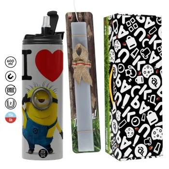 I love by minion, Πασχαλινή Λαμπάδα με Travel Tumbler θερμό (600ml, BPA free) & κερί αρωματικό πλακέ (30cm) (ΓΚΡΙ)