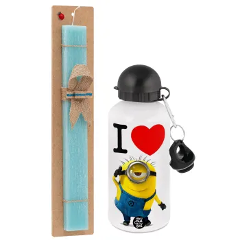 I love by minion, Πασχαλινή Λαμπάδα με παγούρι μεταλλικό αλουμινίου (500ml) & λαμπάδα αρωματική πλακέ (30cm) (ΤΙΡΚΟΥΑΖ)