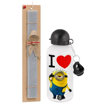 I love by minion, Easter Set, metallic aluminum water bottle (500ml) & aromatic flat Easter candle (30cm) (GRAY)