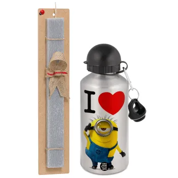 I love by minion, Easter Set, metallic silver aluminum water bottle (500ml) & aromatic flat Easter candle (30cm) (GRAY)