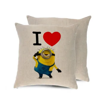 I love by minion, Μαξιλάρι καναπέ ΛΙΝΟ 40x40cm περιέχεται το  γέμισμα