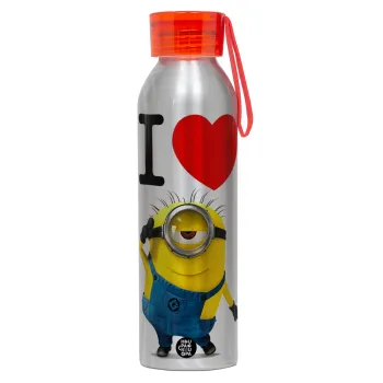 I love by minion, Aluminum Sports Bottle 650ml – Silver with Red Cap and Silicone Strap