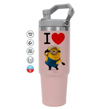 I love by minion, Pink color, 890ml (30oz) stainless Steel Tumbler with Handle
